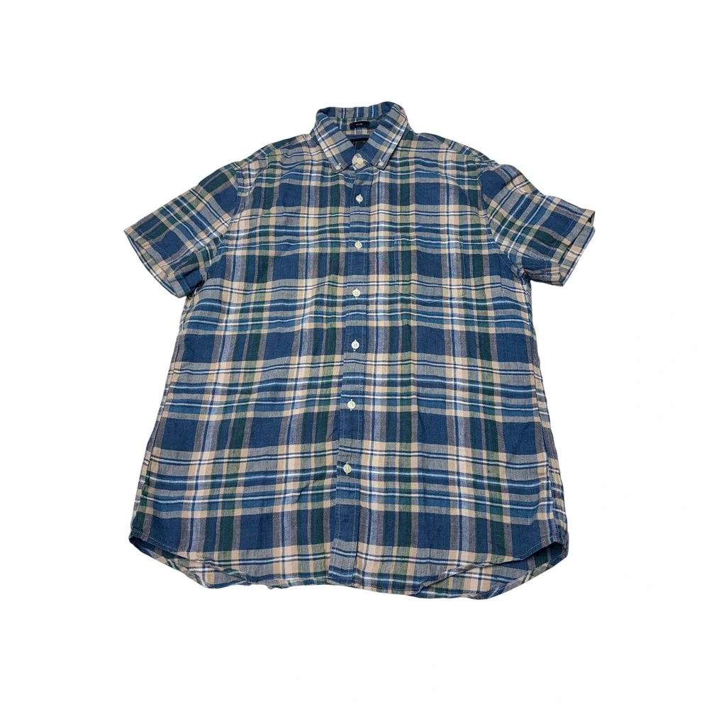 J. Crew Slim Fit Linen Cotton Plaid Short Sleeve Shirt Blue Green BP972 Mens M
